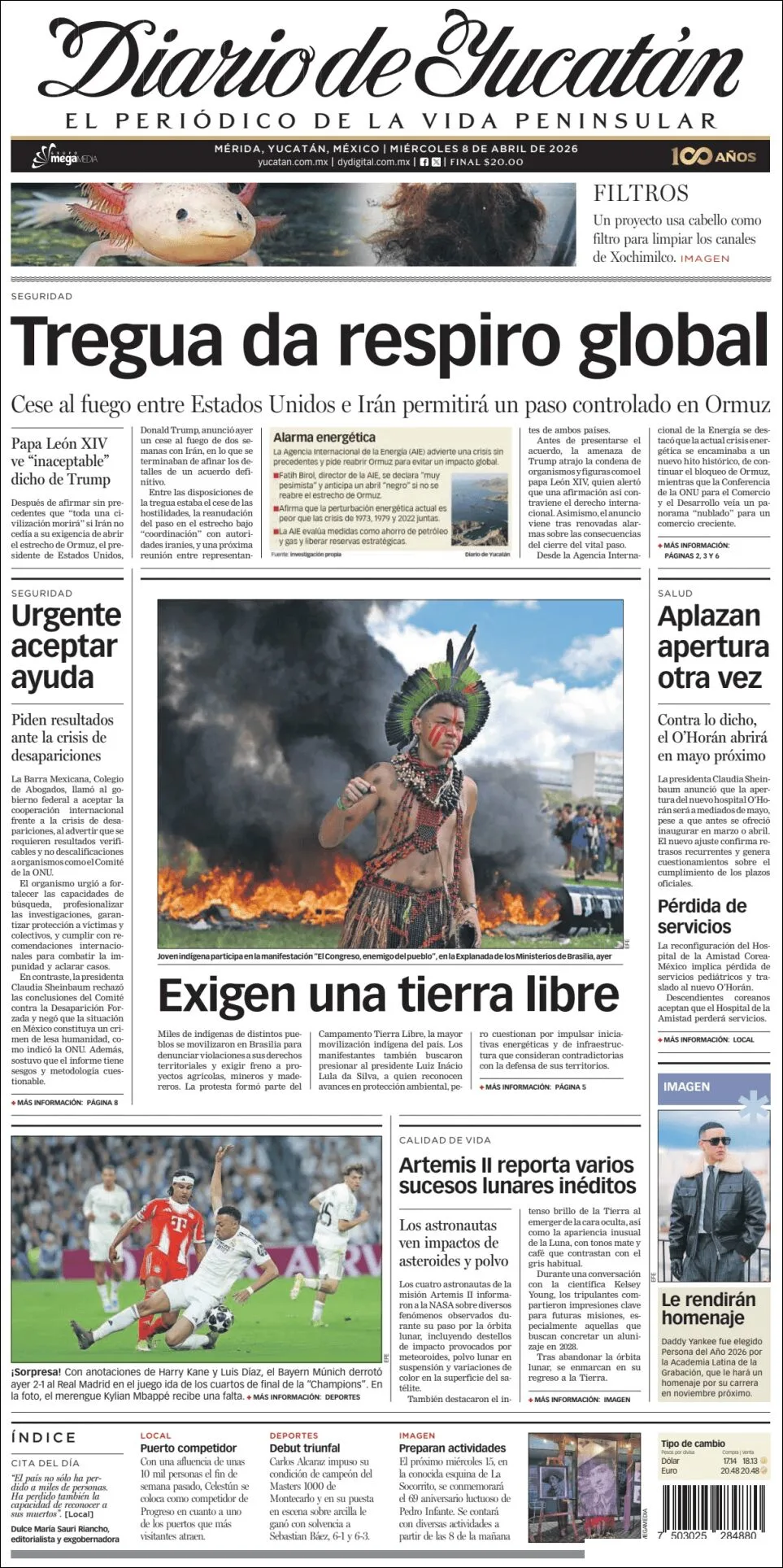Portada de Diario de Yucatán del miércoles, 8 de abril de 2026