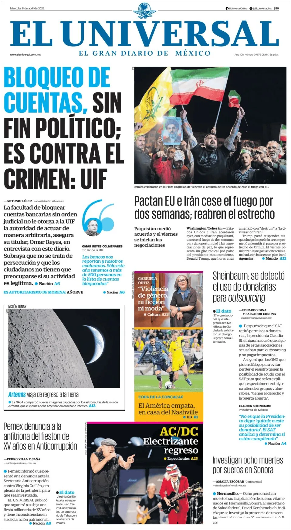 Portada de El Universal del miércoles, 8 de abril de 2026