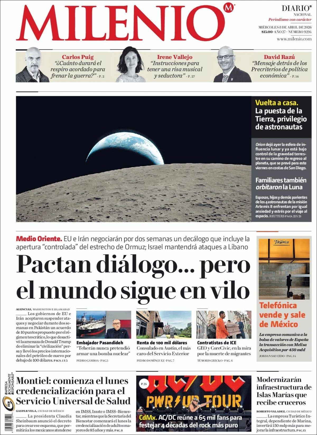 Portada de Milenio del miércoles, 8 de abril de 2026