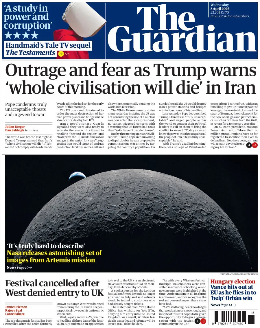 Portada de The Guardian (reino Unido) del 2026-04-08