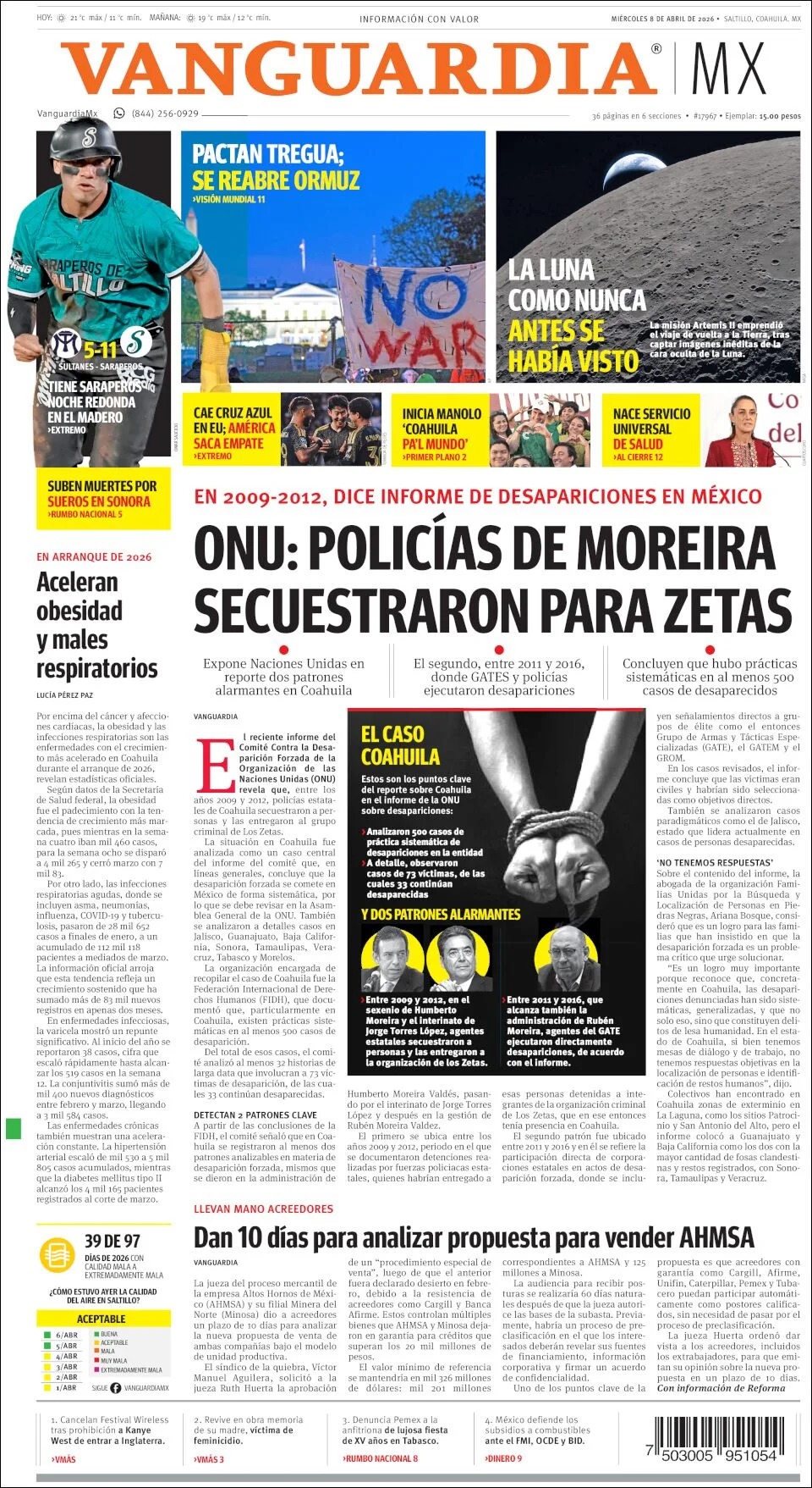 Portada de Vanguardia del miércoles, 8 de abril de 2026