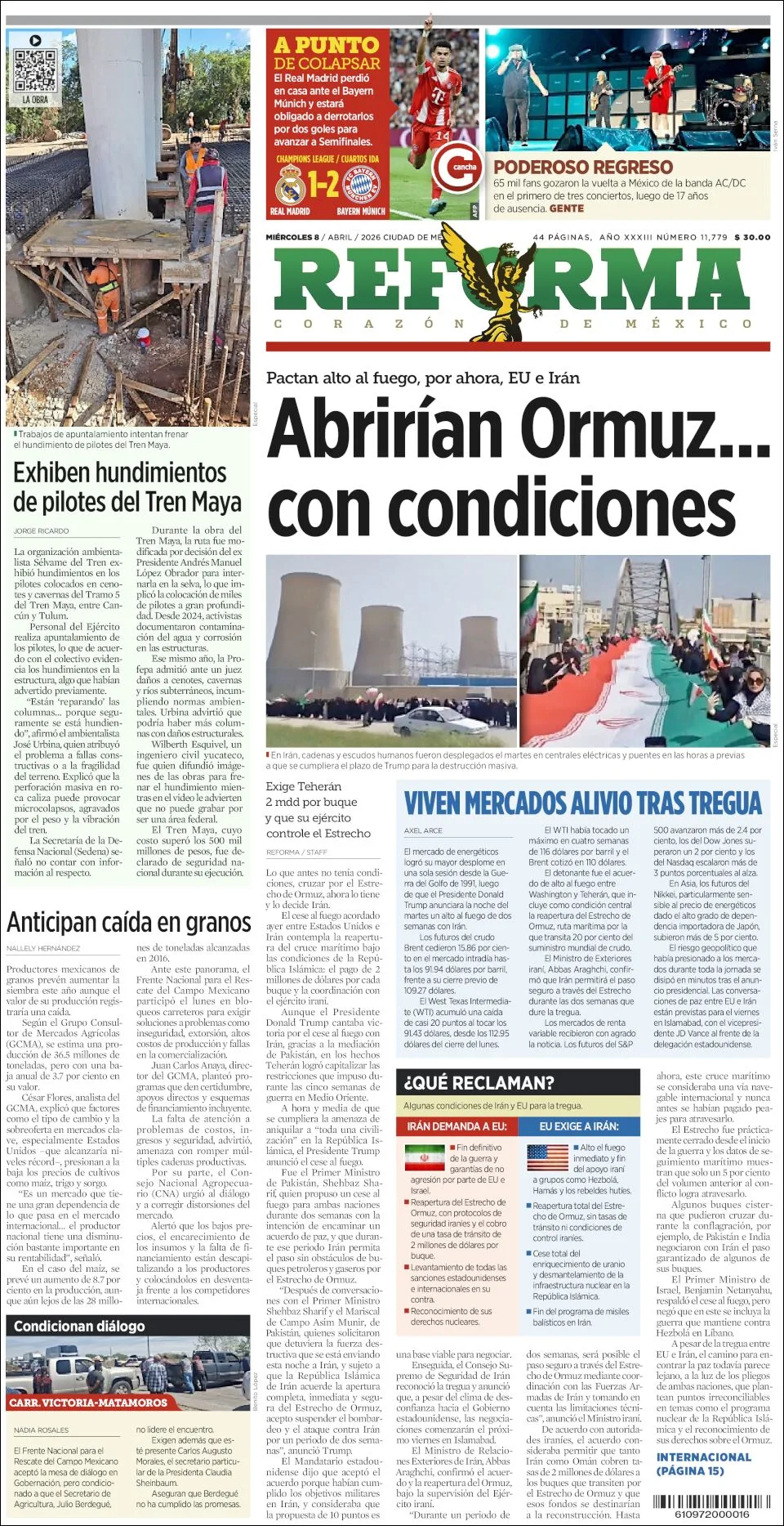 Portada de Reforma del miércoles, 8 de abril de 2026