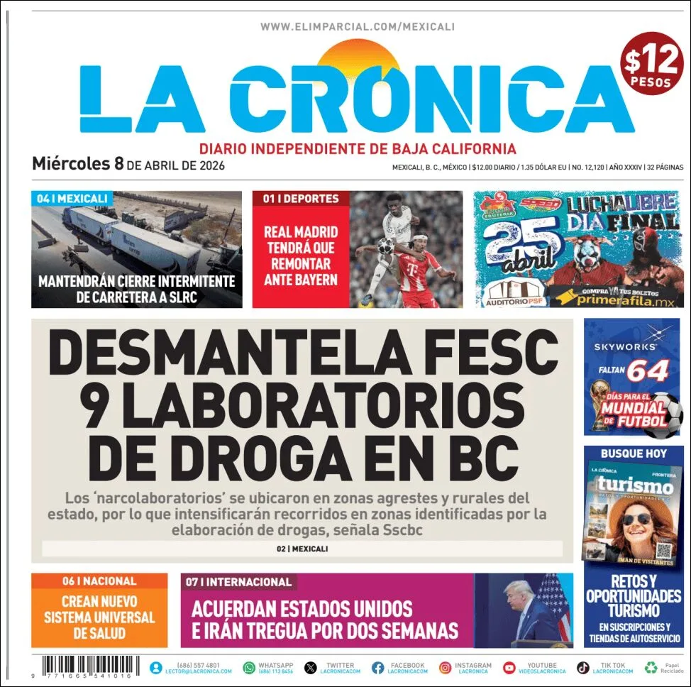 Portada de La Cronica del miércoles, 8 de abril de 2026