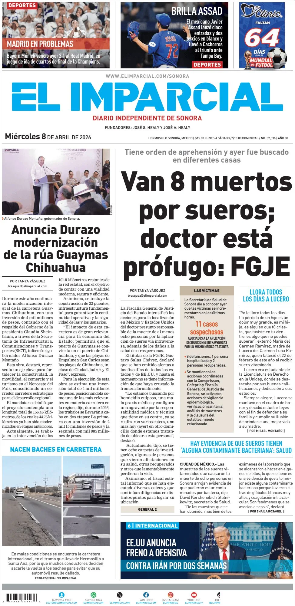 Portada de El Imparcial del miércoles, 8 de abril de 2026