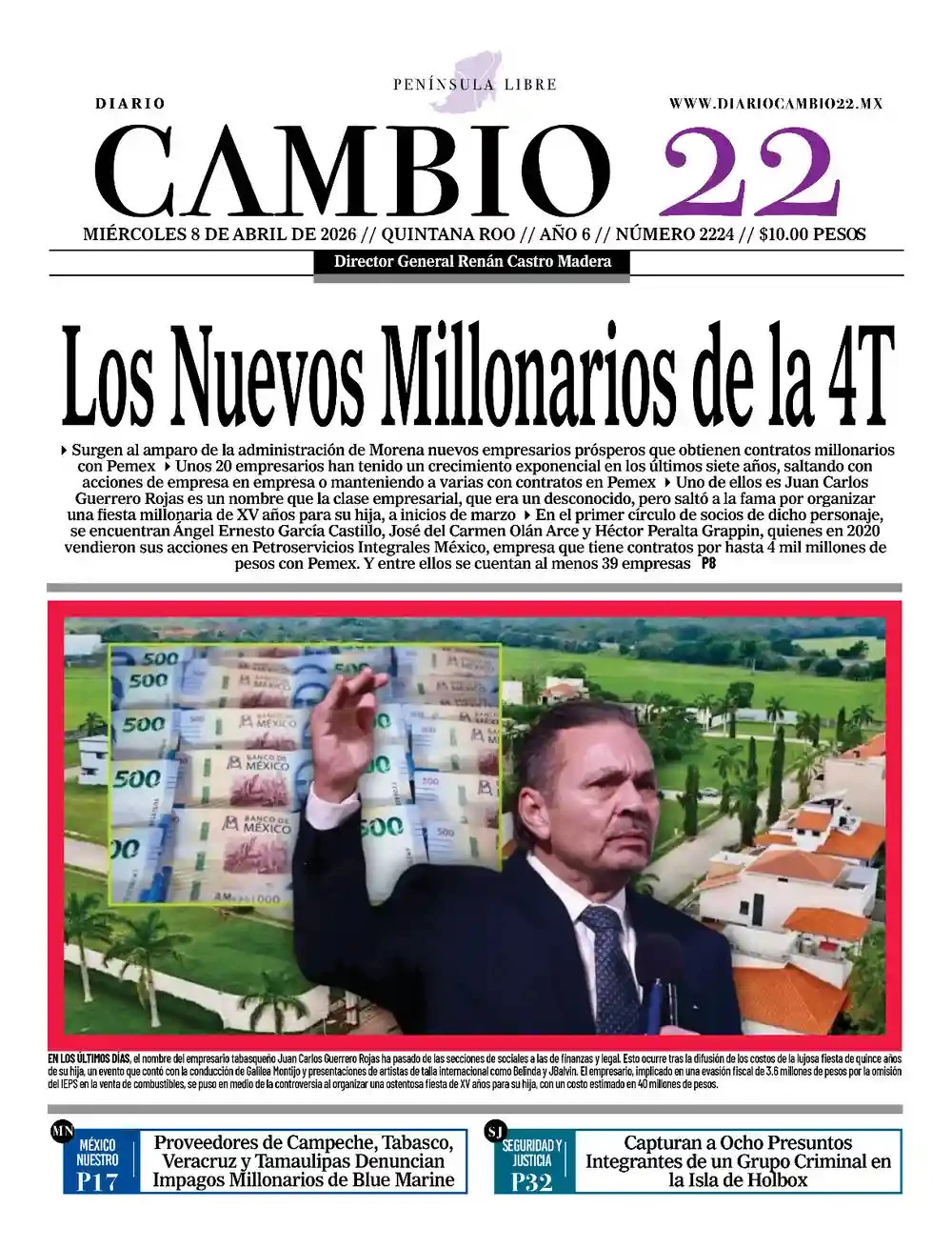 Portada de Diario Cambio 22 (contraportada) del miércoles, 8 de abril de 2026