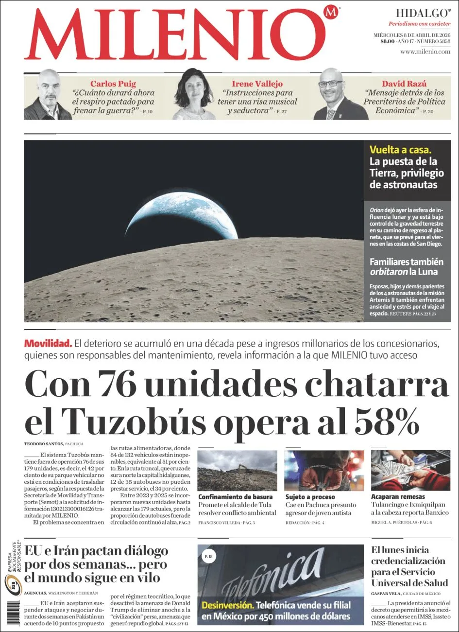 Portada de Milenio Hidalgo del miércoles, 8 de abril de 2026