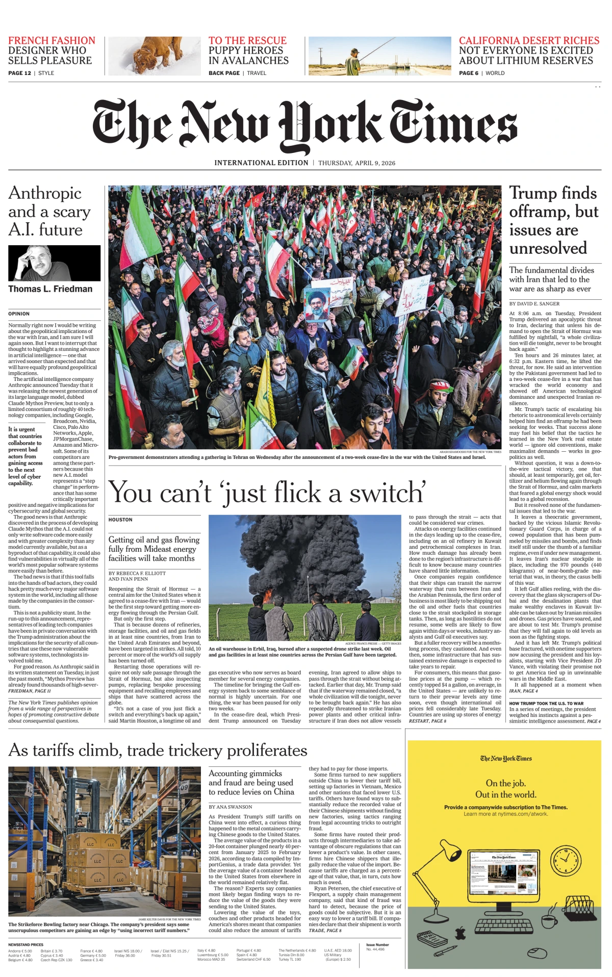Portada de The New York Times (international) del jueves, 9 de abril de 2026