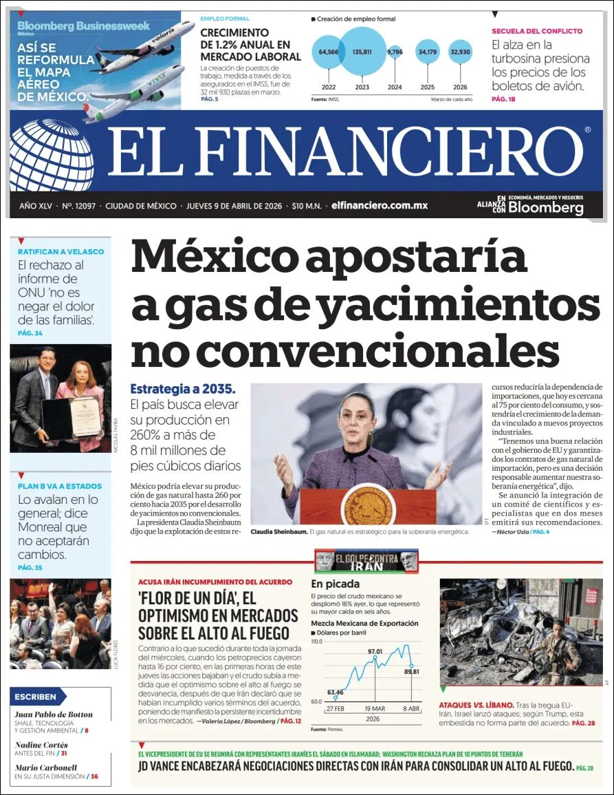 Portada de El Financiero del jueves, 9 de abril de 2026