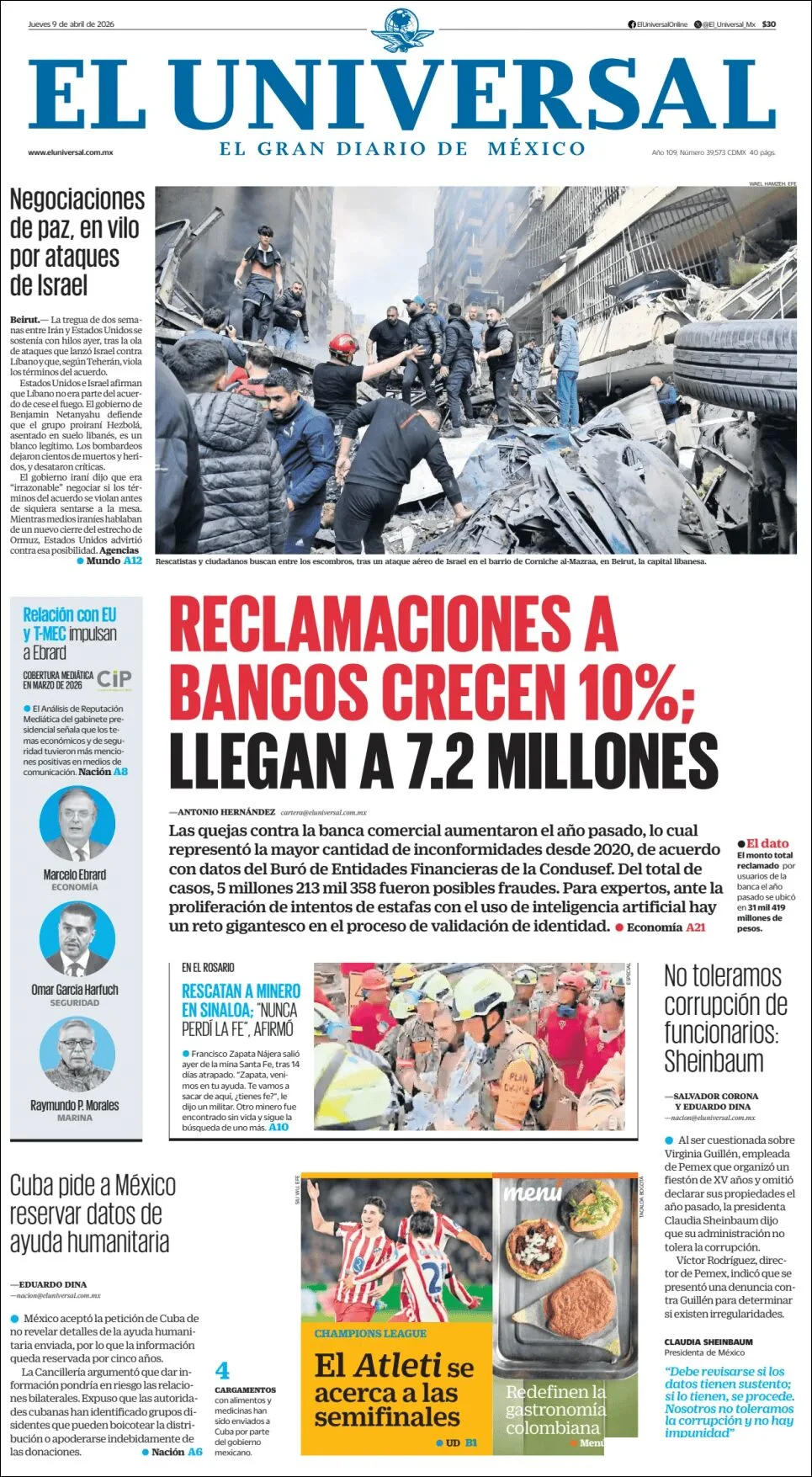 Portada de El Universal del jueves, 9 de abril de 2026