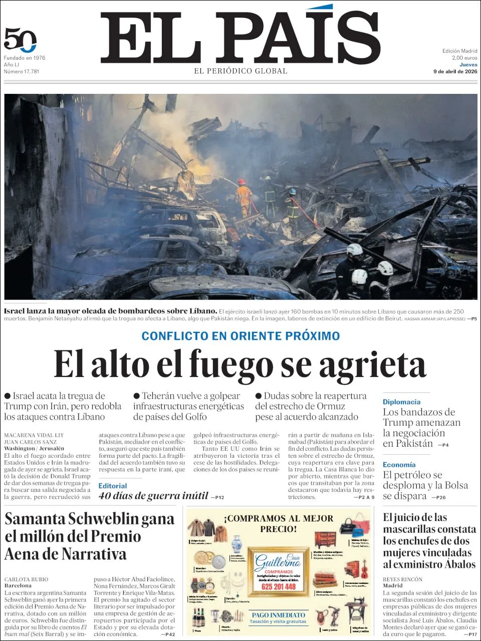 Portada de El Pais del jueves, 9 de abril de 2026