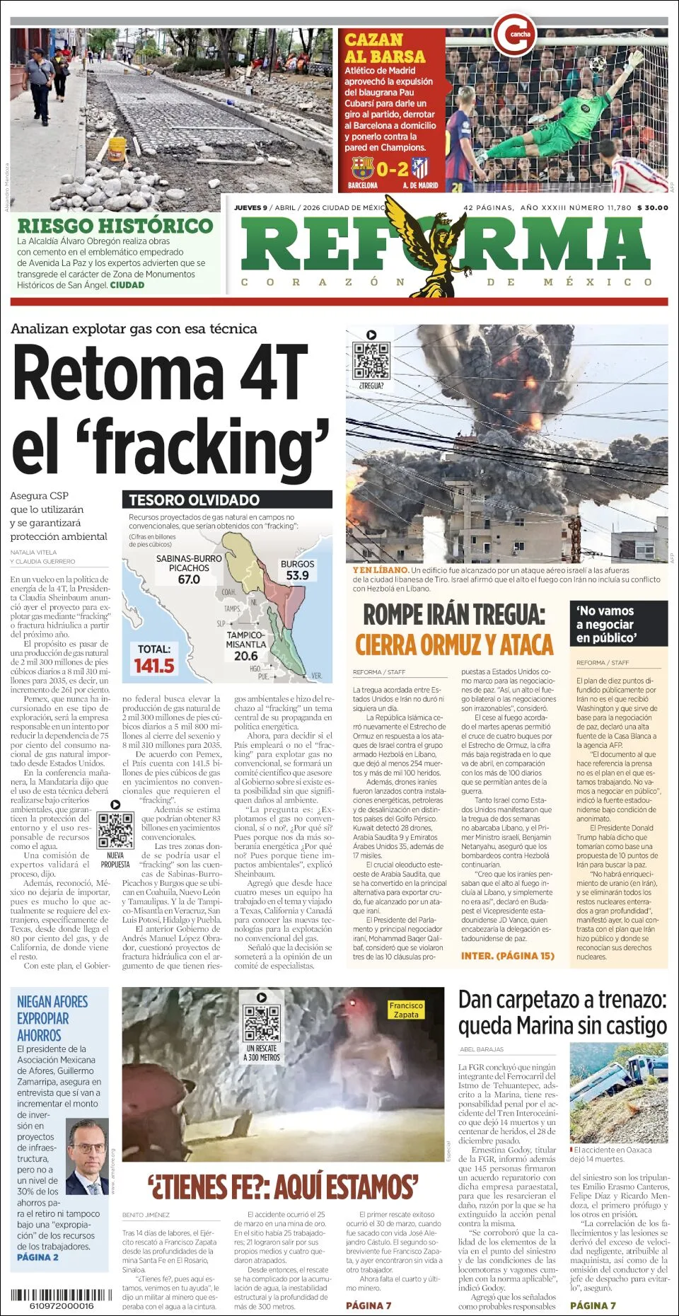 Portada de Reforma del jueves, 9 de abril de 2026