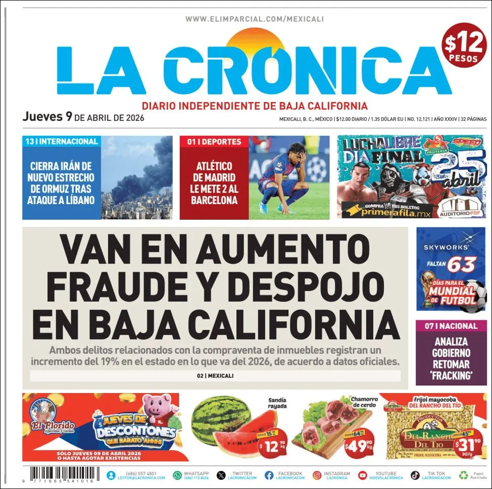 Portada de La Cronica del jueves, 9 de abril de 2026