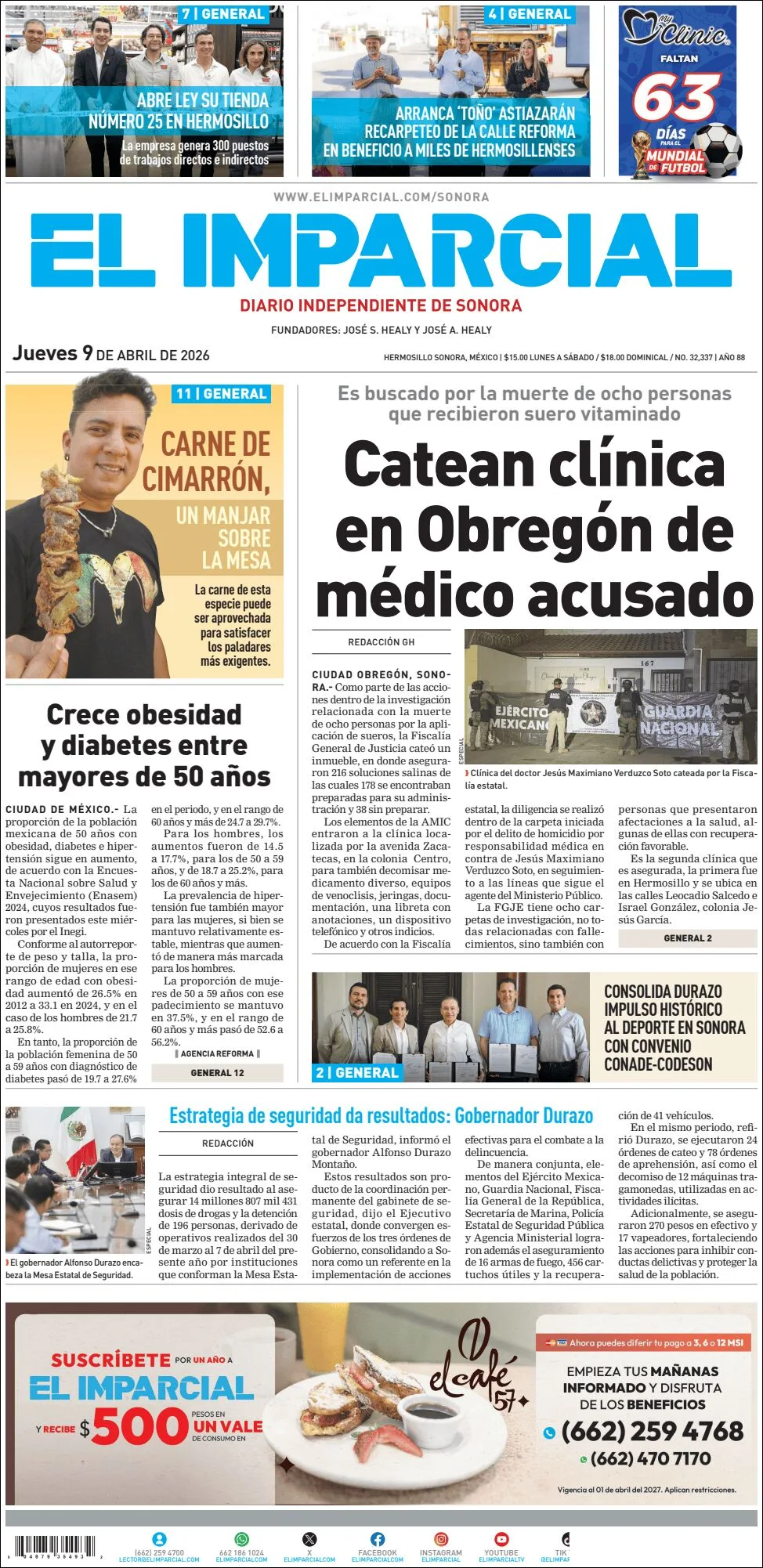 Portada de El Imparcial del jueves, 9 de abril de 2026