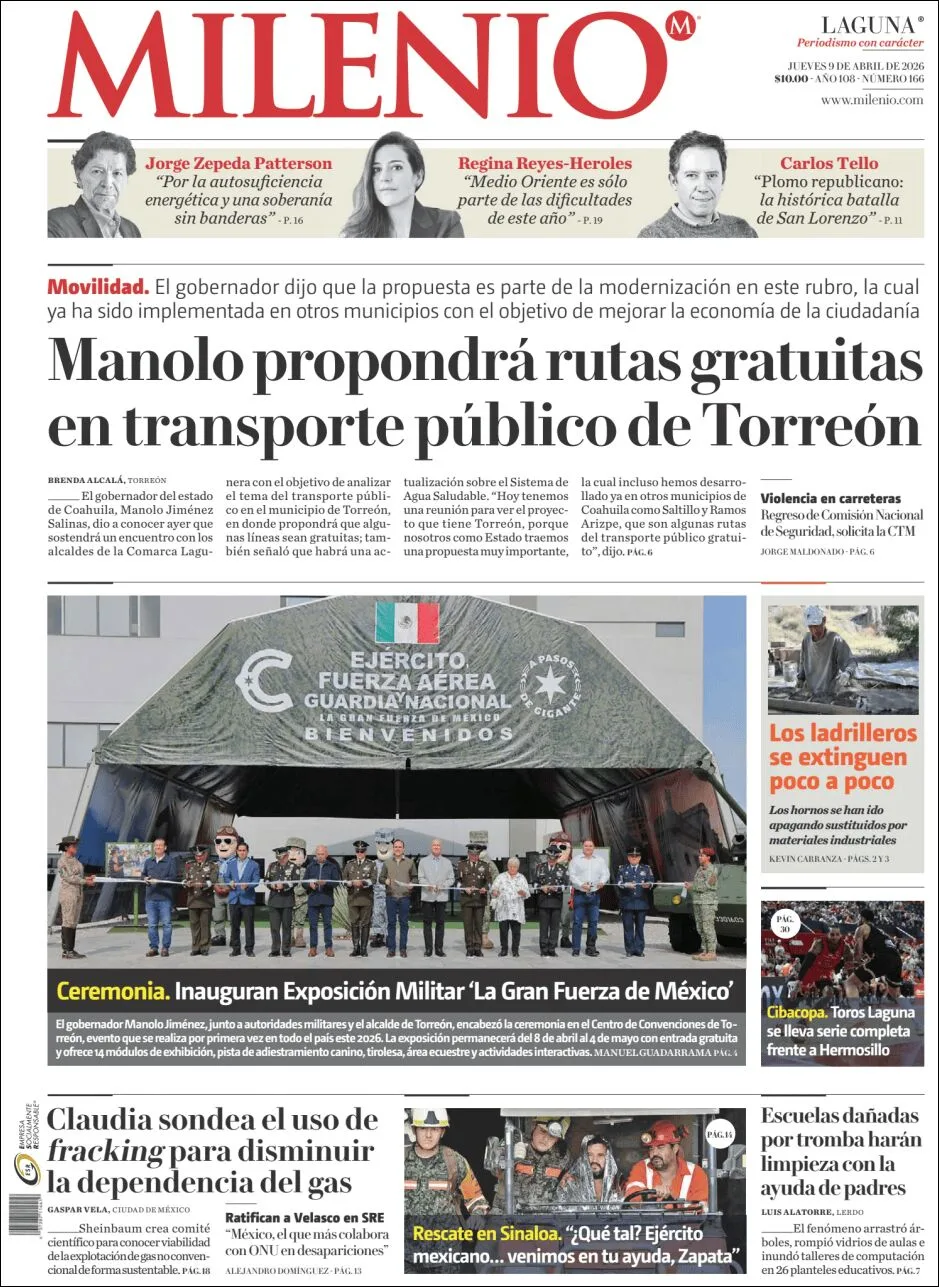 Portada de Milenio Laguna del jueves, 9 de abril de 2026