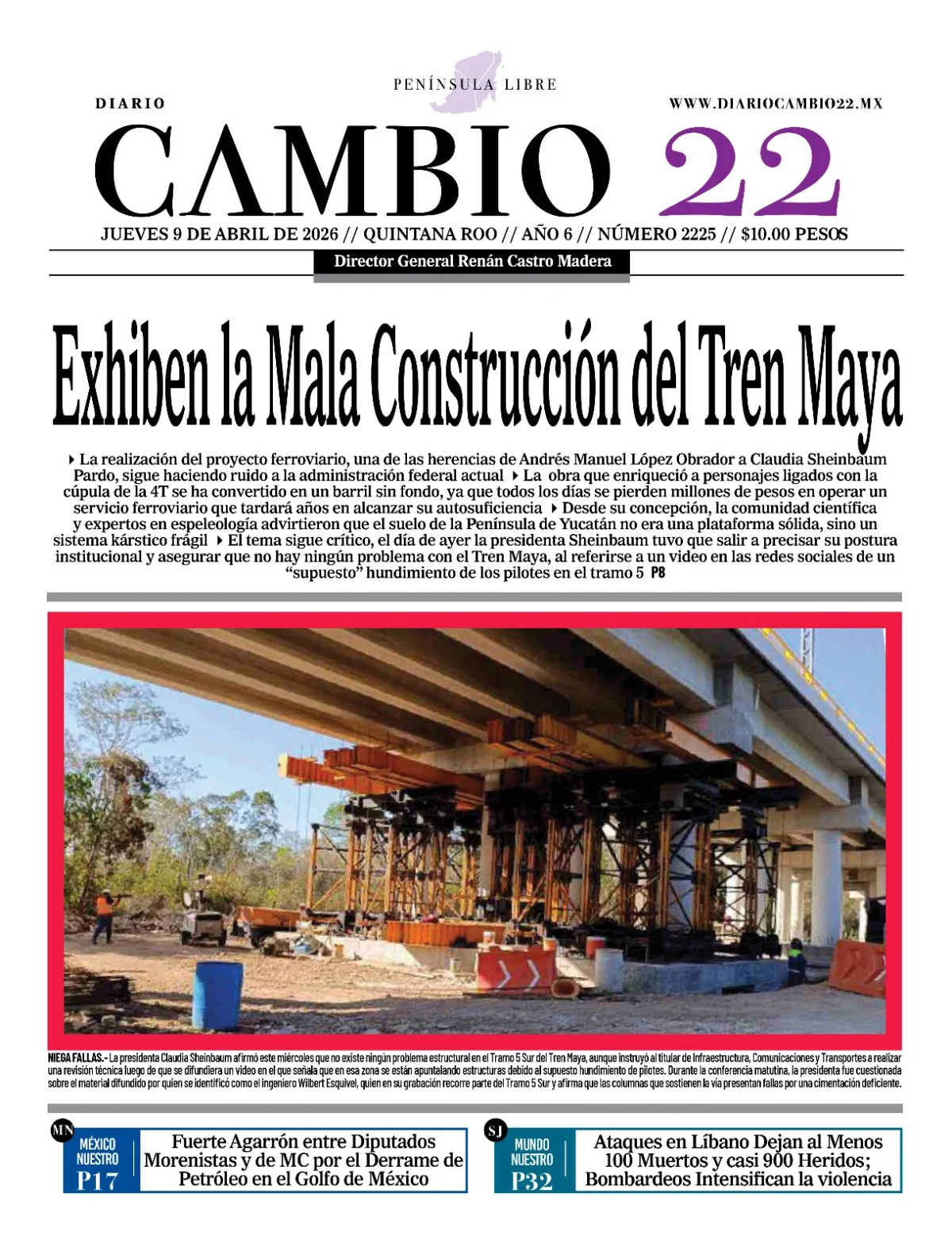 Portada de Diario Cambio 22 (contraportada) del jueves, 9 de abril de 2026