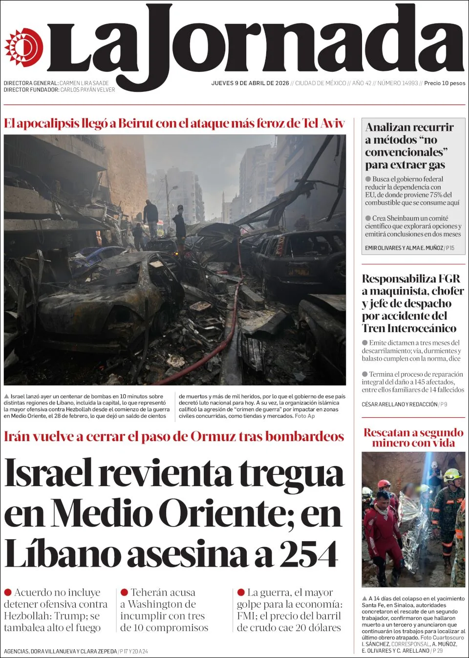 Portada de La Jornada del jueves, 9 de abril de 2026