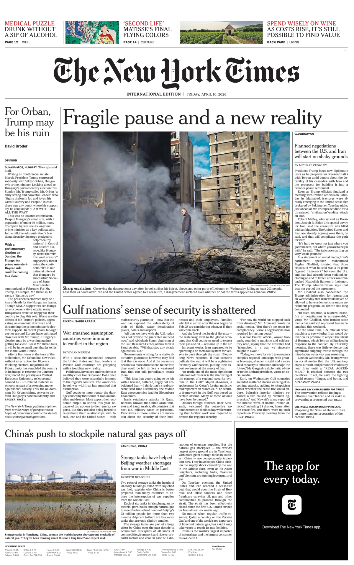 Portada de The New York Times (international) del viernes, 10 de abril de 2026