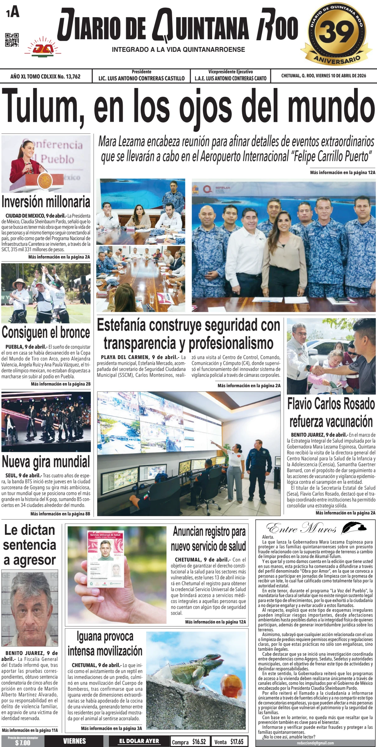 Portada de Diario de Quintana Roo (portada) del viernes, 10 de abril de 2026