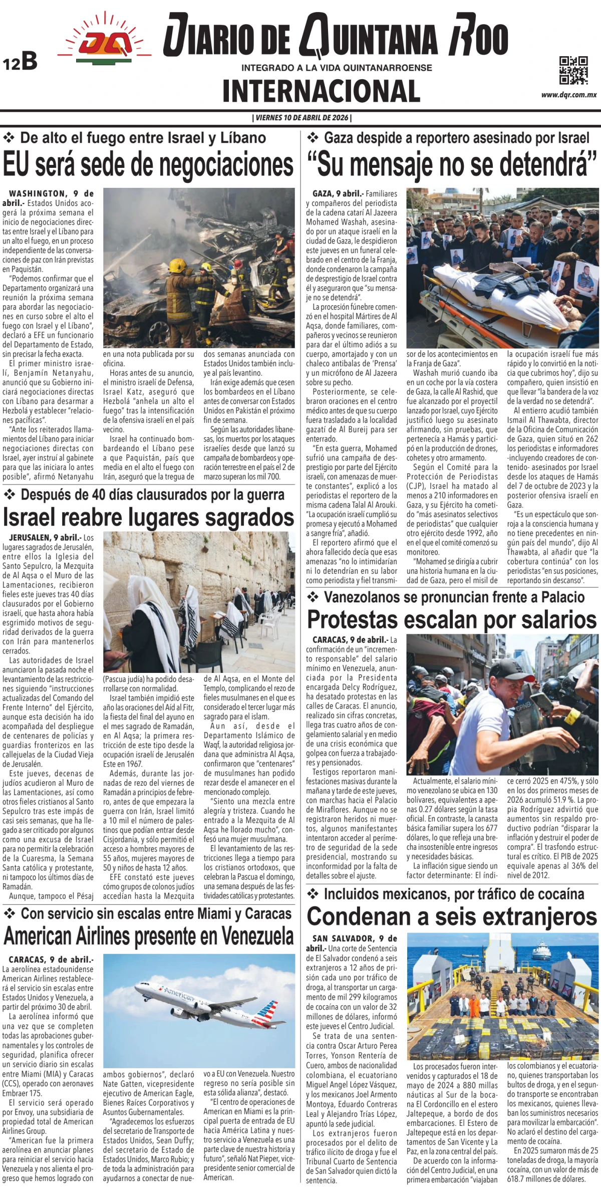 Portada de Diario de Quintana Roo (contra Portada) del viernes, 10 de abril de 2026