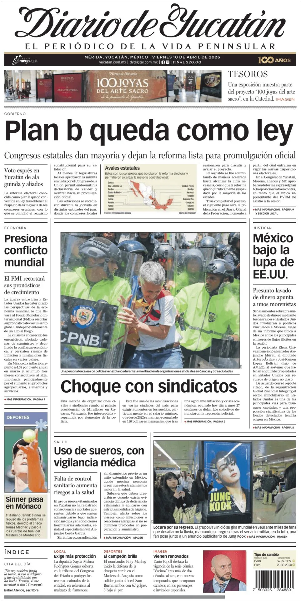 Portada de Diario de Yucatán del viernes, 10 de abril de 2026