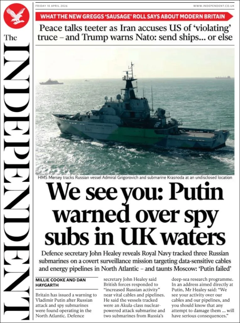 Portada de The Independent del viernes, 10 de abril de 2026