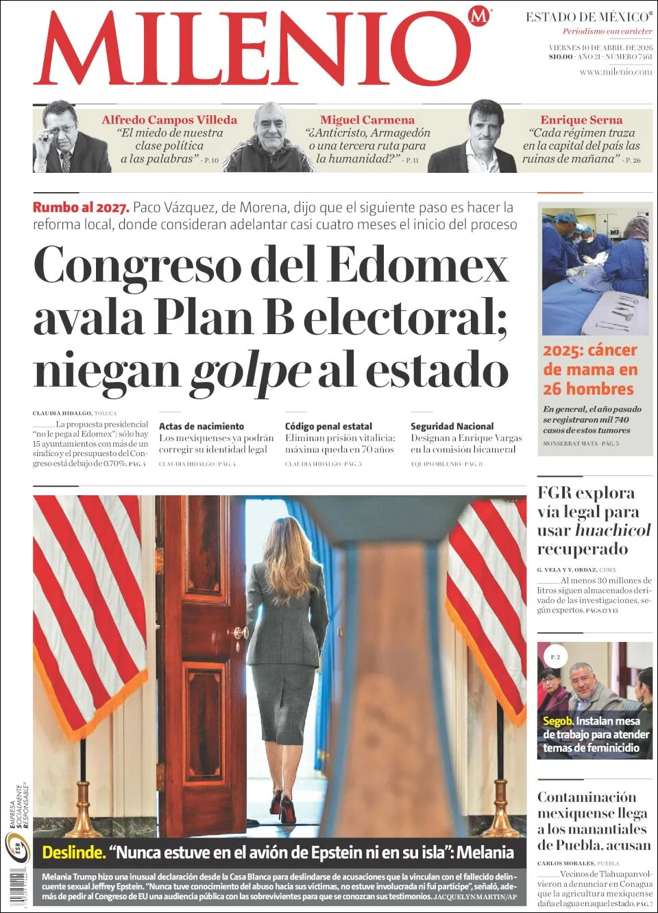 Portada de Milenio Edo de Mexico del viernes, 10 de abril de 2026