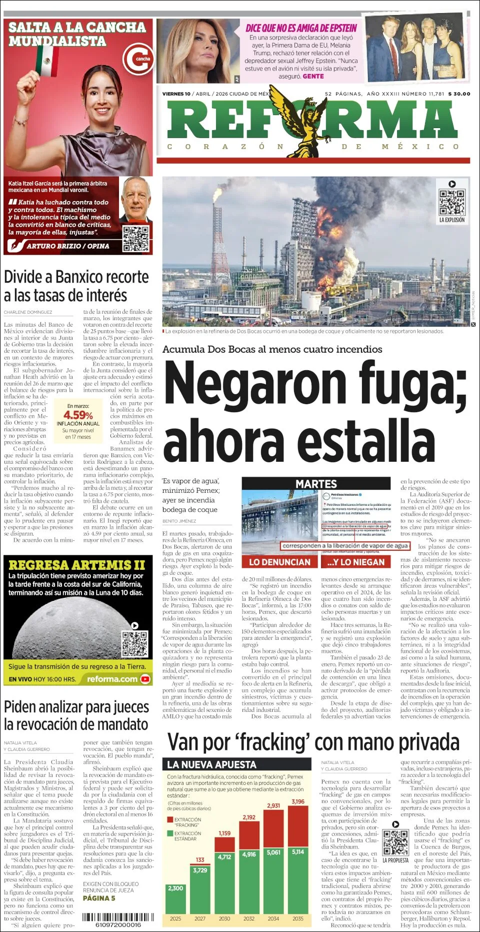 Portada de Reforma del viernes, 10 de abril de 2026