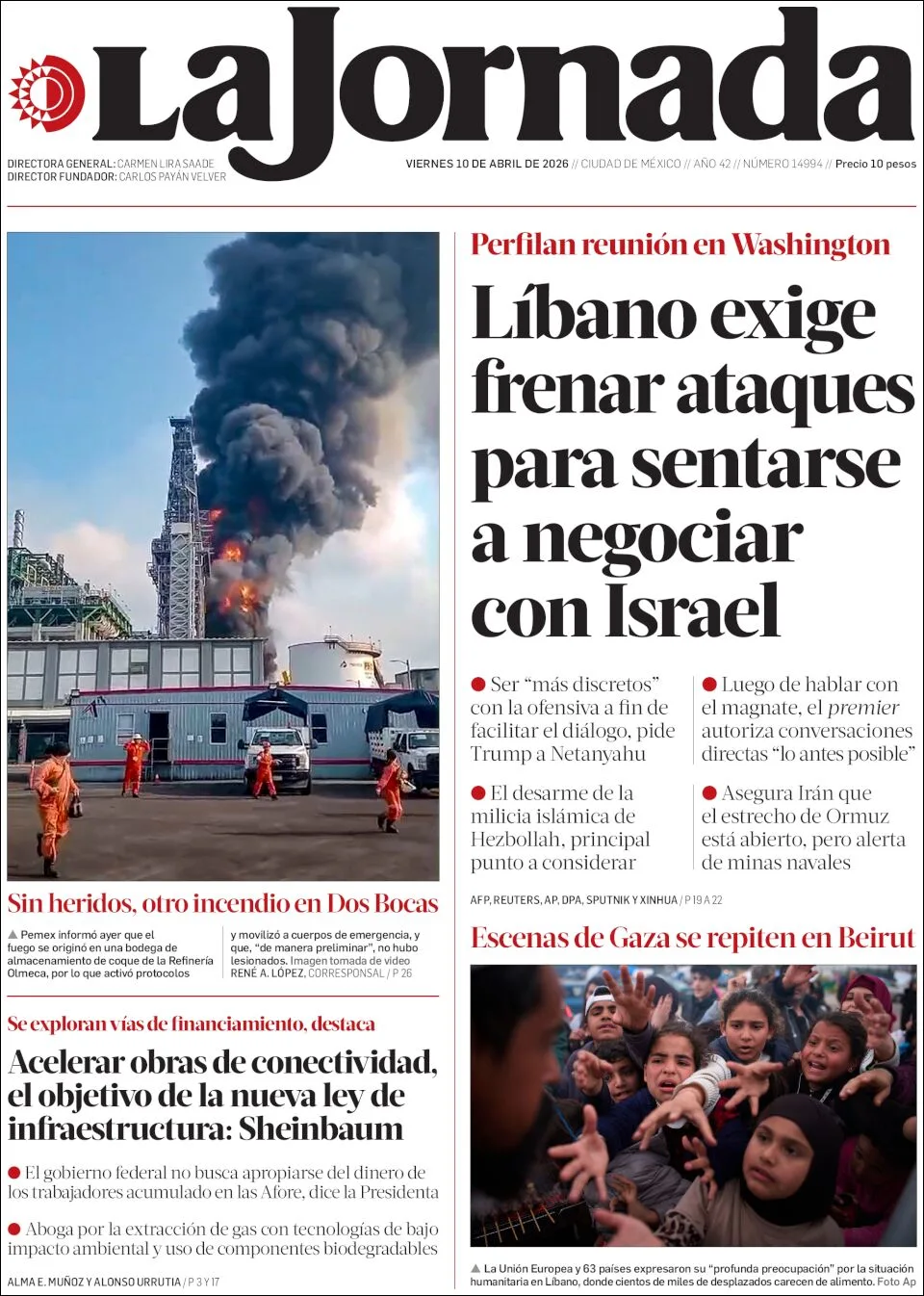 Portada de La Jornada del viernes, 10 de abril de 2026