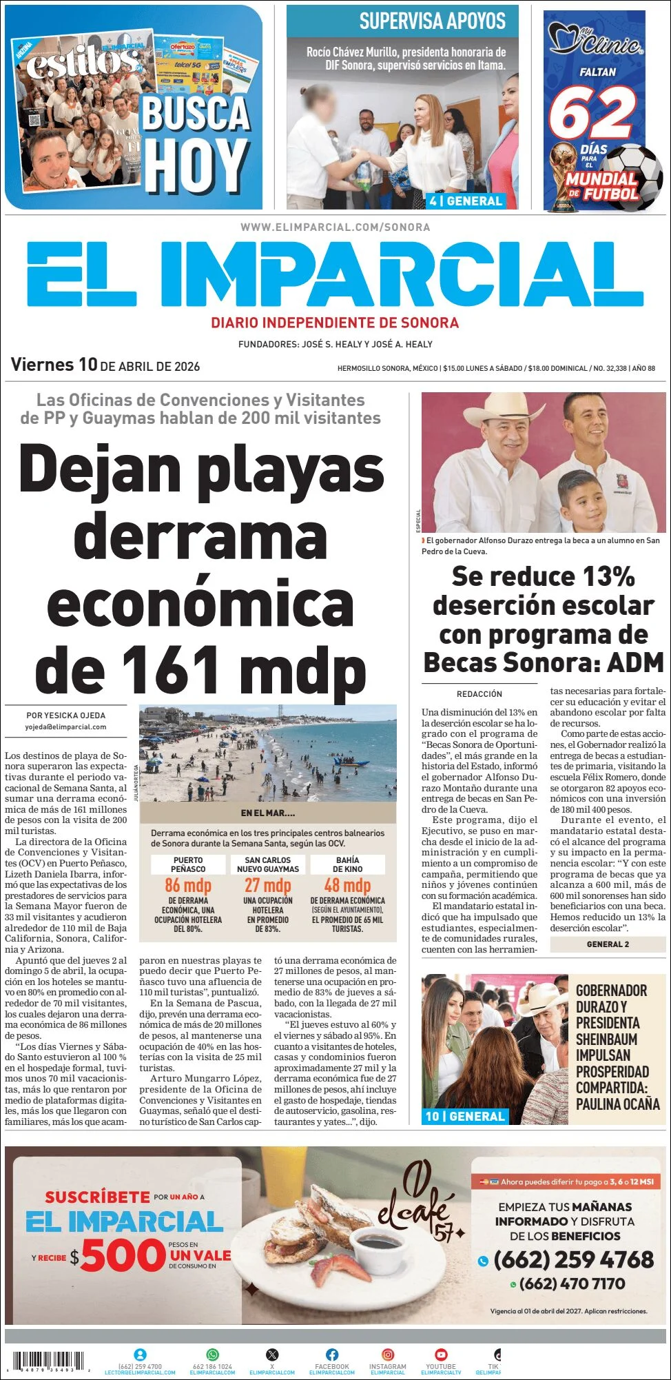 Portada de El Imparcial del viernes, 10 de abril de 2026