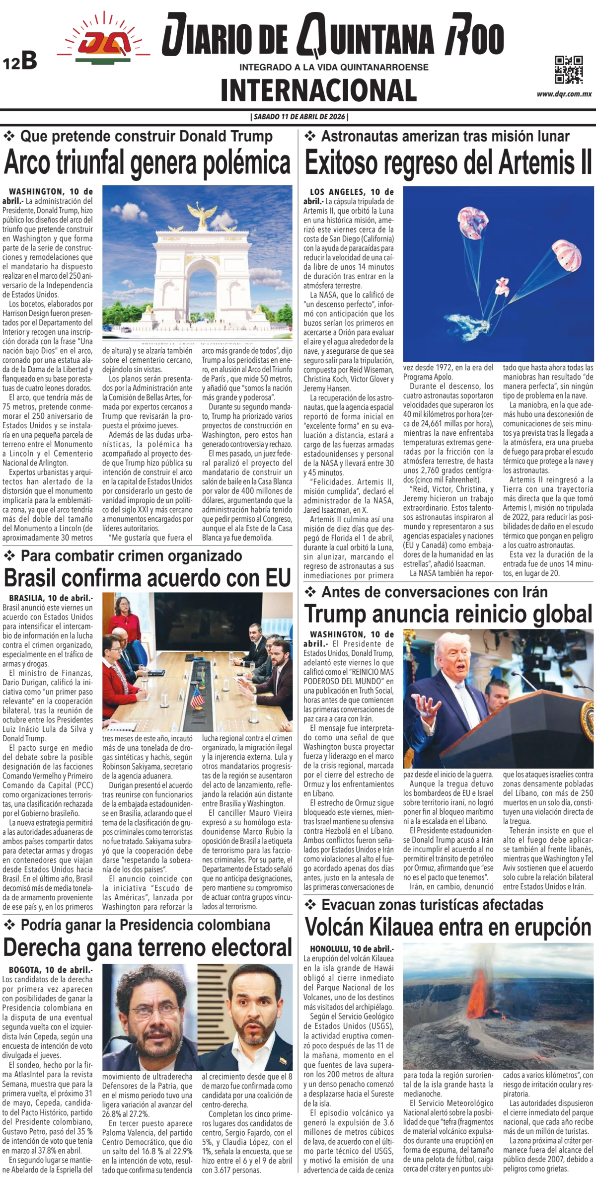 Portada de Diario de Quintana Roo (contra Portada) del sábado, 11 de abril de 2026