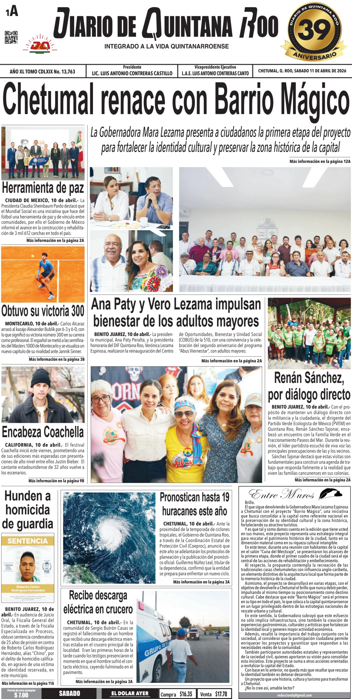Portada de Diario de Quintana Roo (portada) del sábado, 11 de abril de 2026