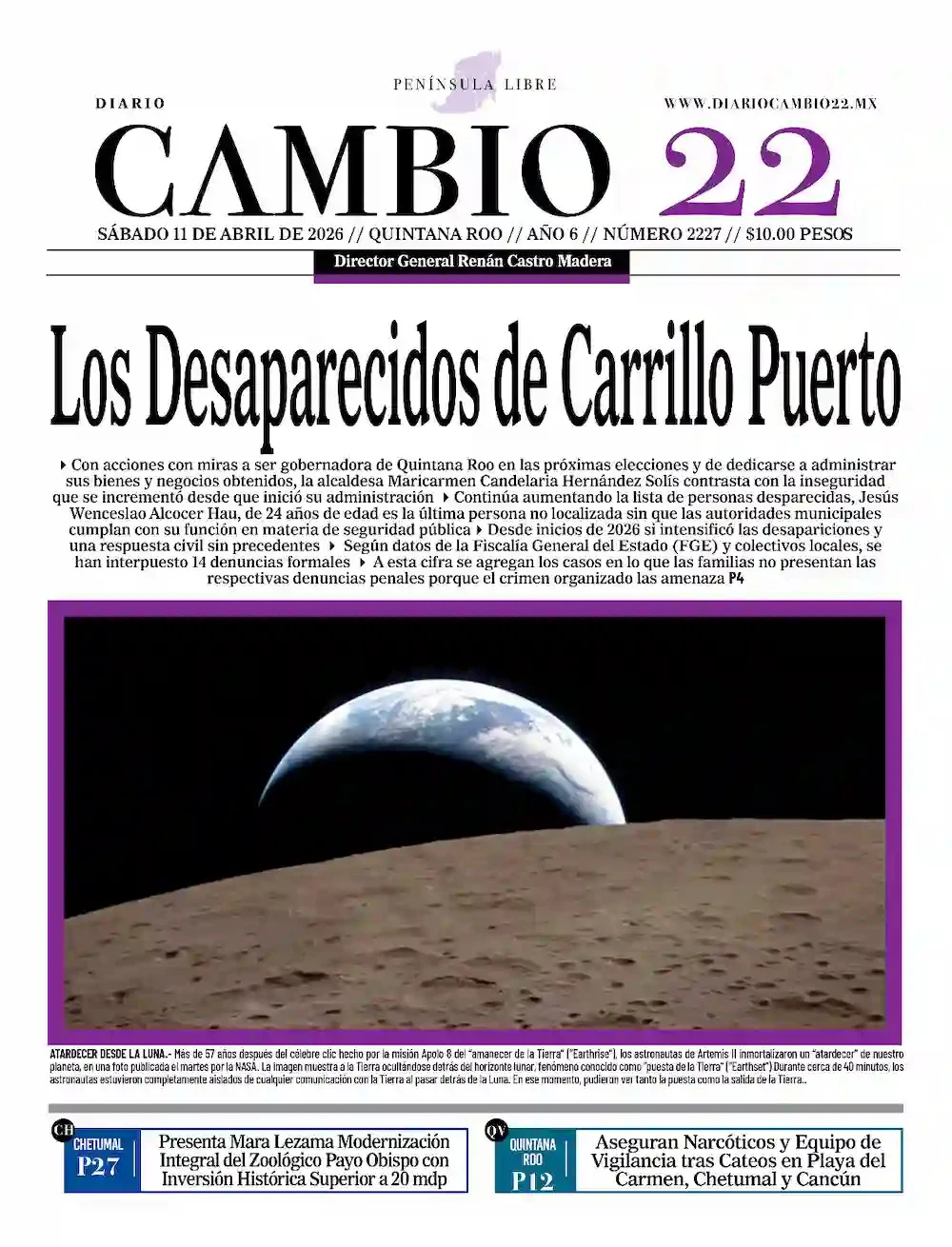 Portada de Diario Cambio 22 (portada) del sábado, 11 de abril de 2026