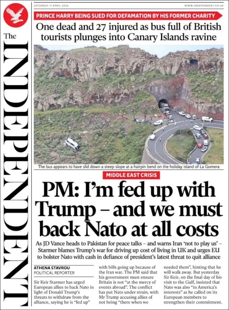 Portada de The Independent del sábado, 11 de abril de 2026
