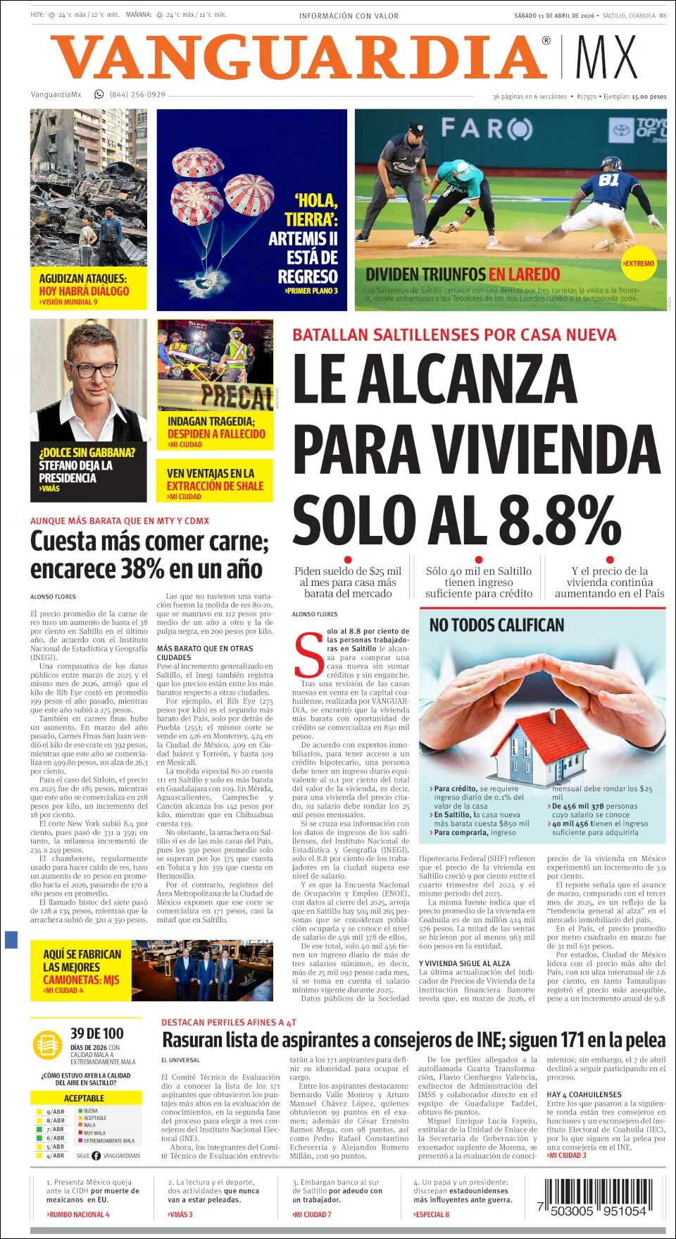Portada de Vanguardia del sábado, 11 de abril de 2026