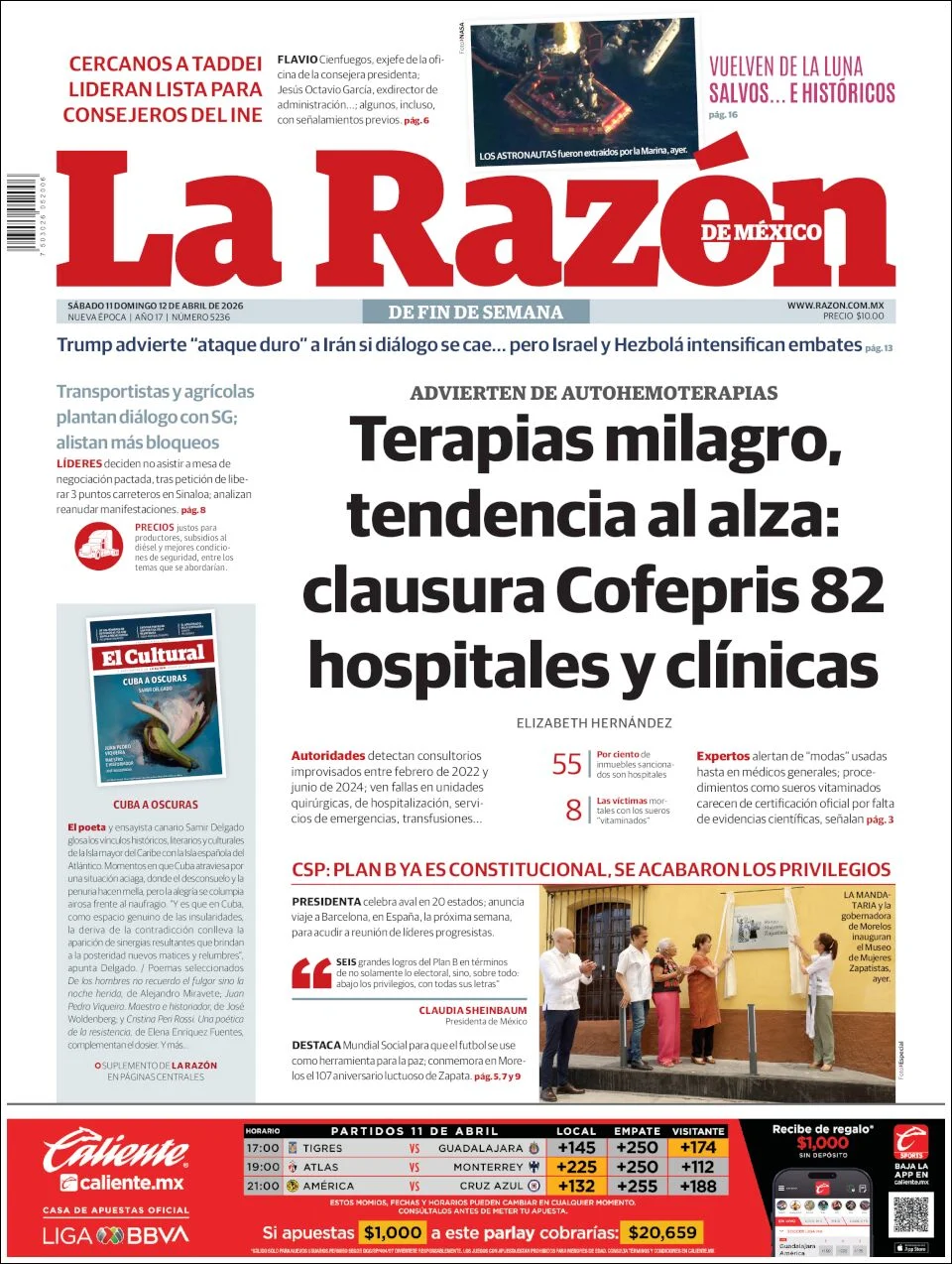 Portada de La Razon del sábado, 11 de abril de 2026