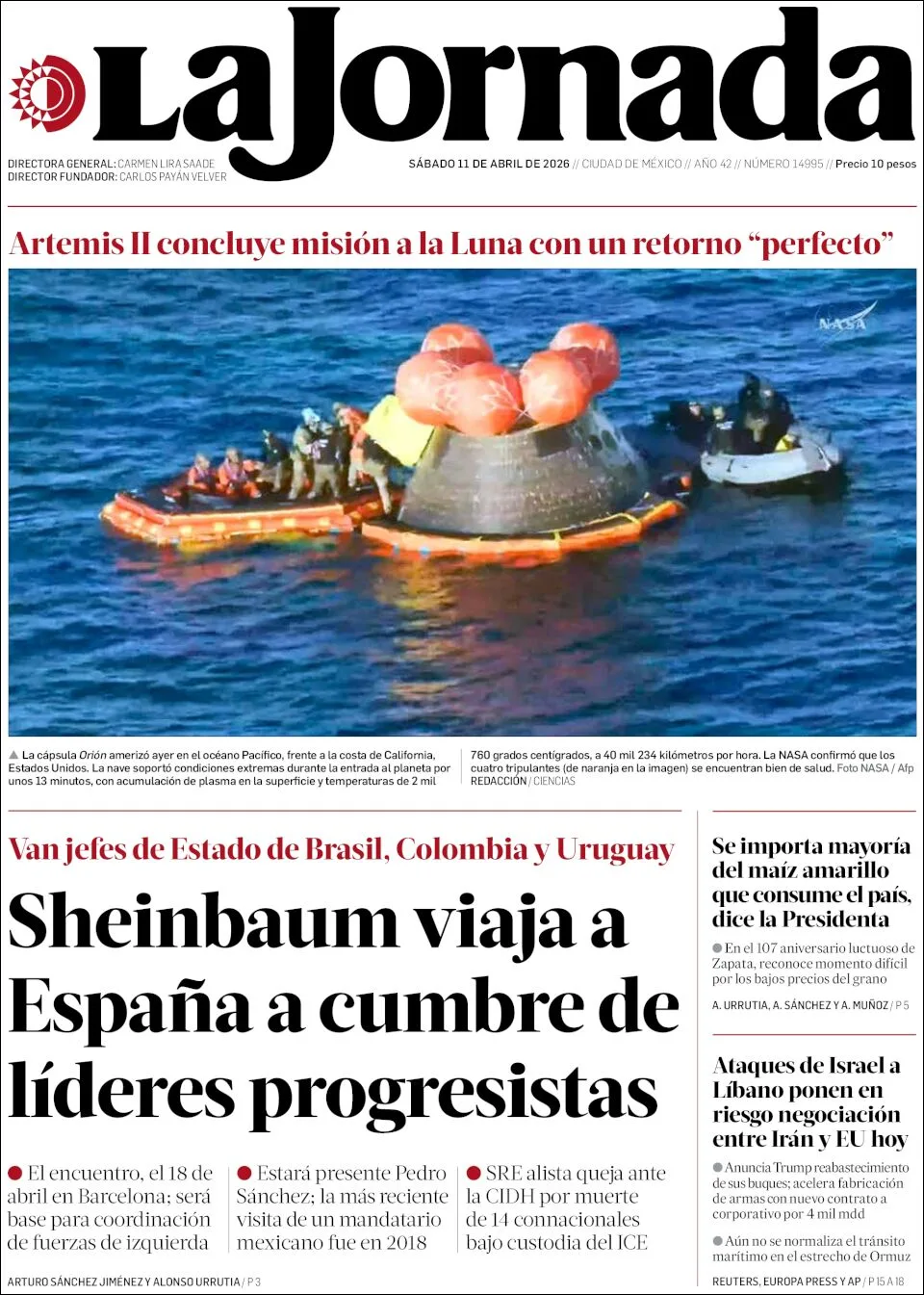 Portada de La Jornada del sábado, 11 de abril de 2026