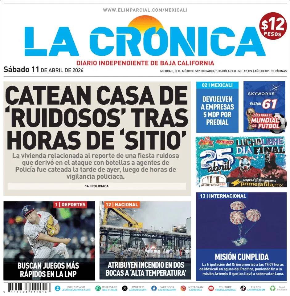 Portada de La Cronica del sábado, 11 de abril de 2026
