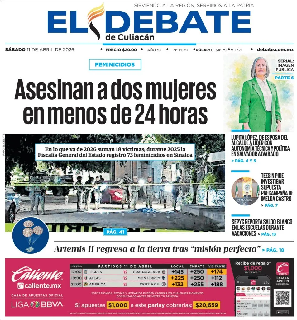Portada de El Debate de Culiacan del sábado, 11 de abril de 2026