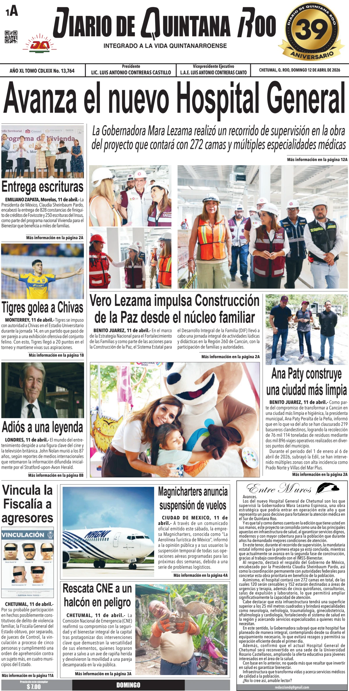 Portada de Diario de Quintana Roo (portada) del domingo, 12 de abril de 2026