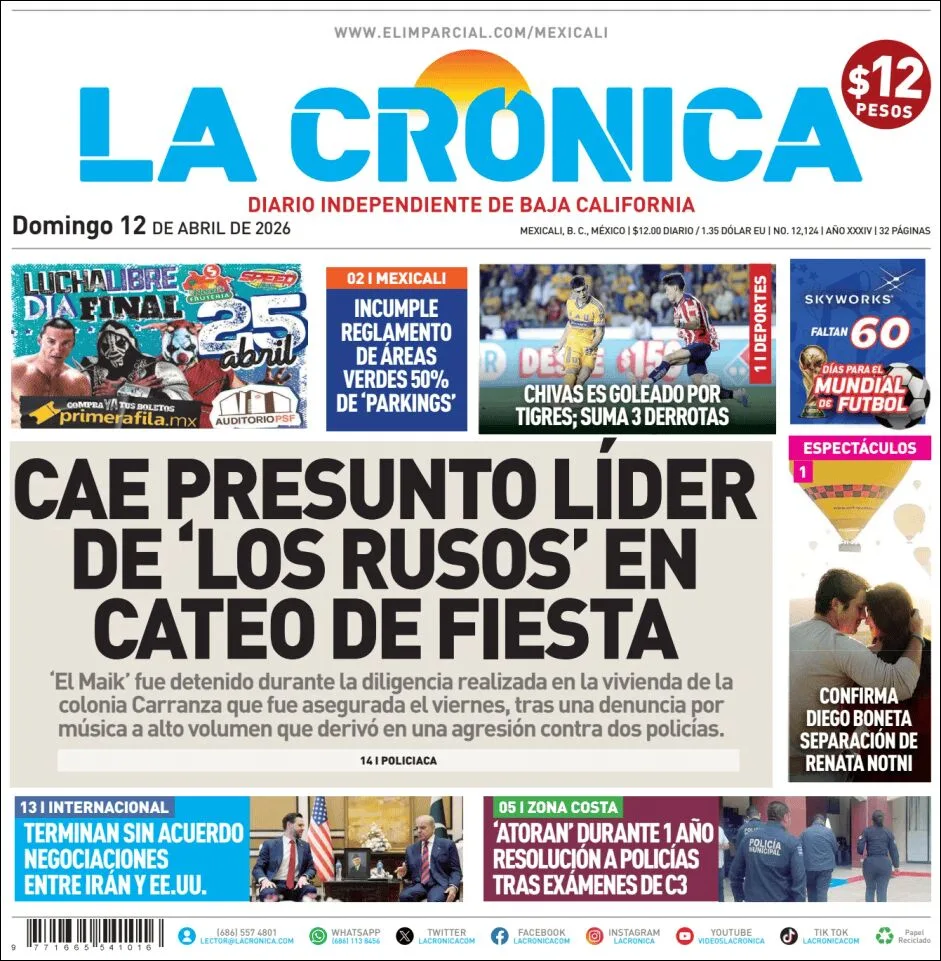 Portada de La Cronica del domingo, 12 de abril de 2026