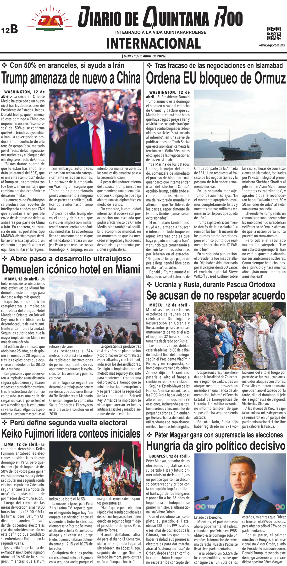 Portada de Diario de Quintana Roo (contra Portada) del lunes, 13 de abril de 2026