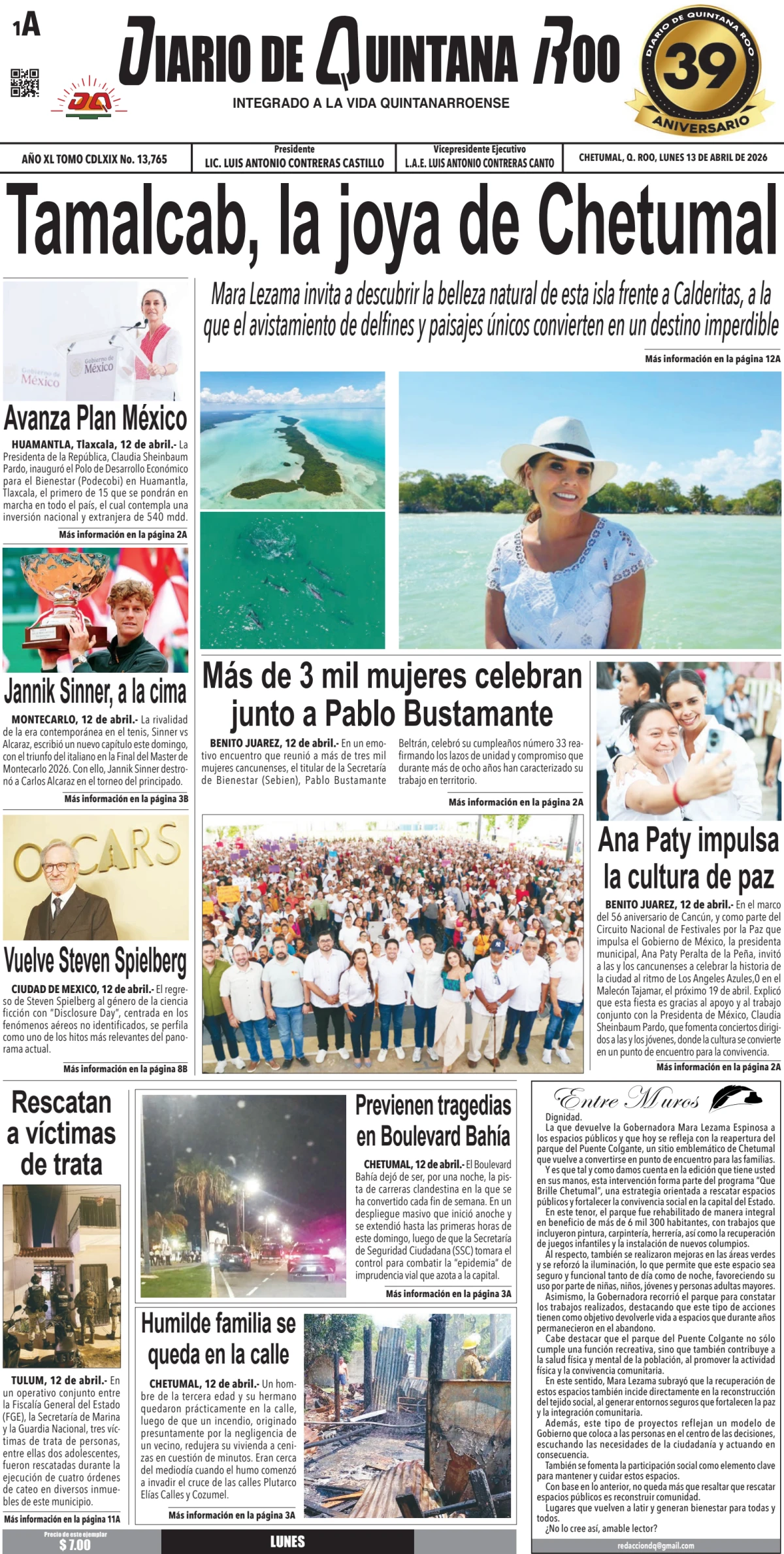Portada de Diario de Quintana Roo (portada) del lunes, 13 de abril de 2026