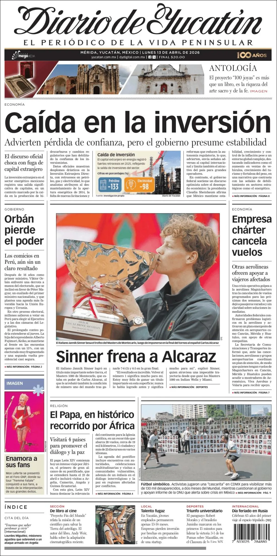 Portada de Diario de Yucatán del lunes, 13 de abril de 2026