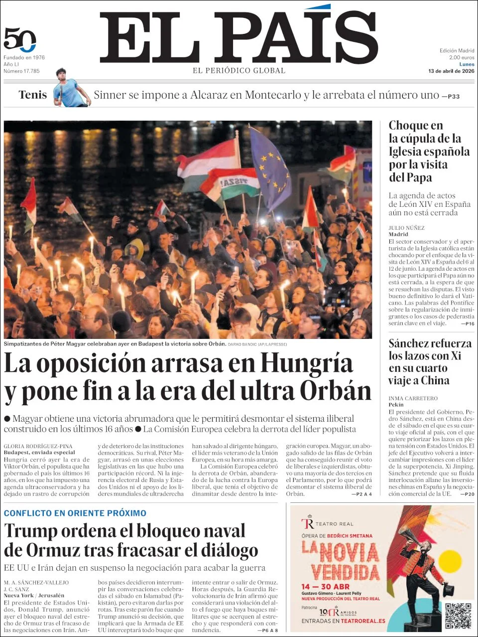 Portada de El Pais del lunes, 13 de abril de 2026