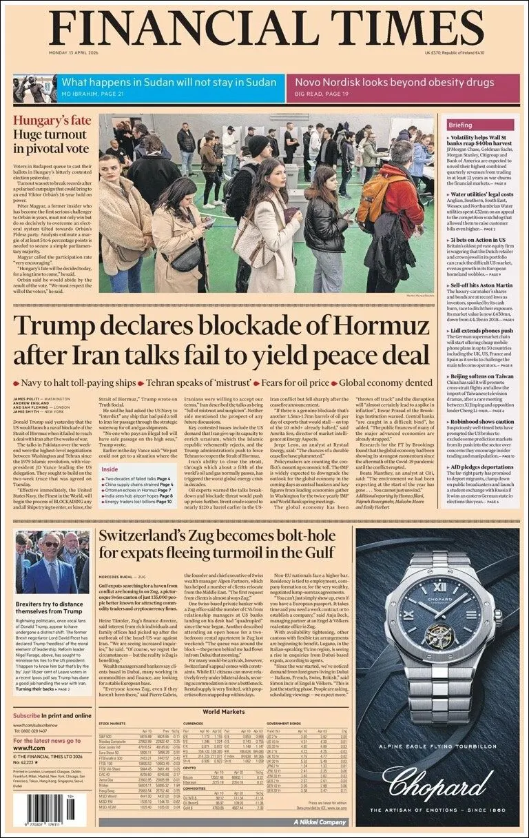 Portada de Financial Times del 2026-04-13