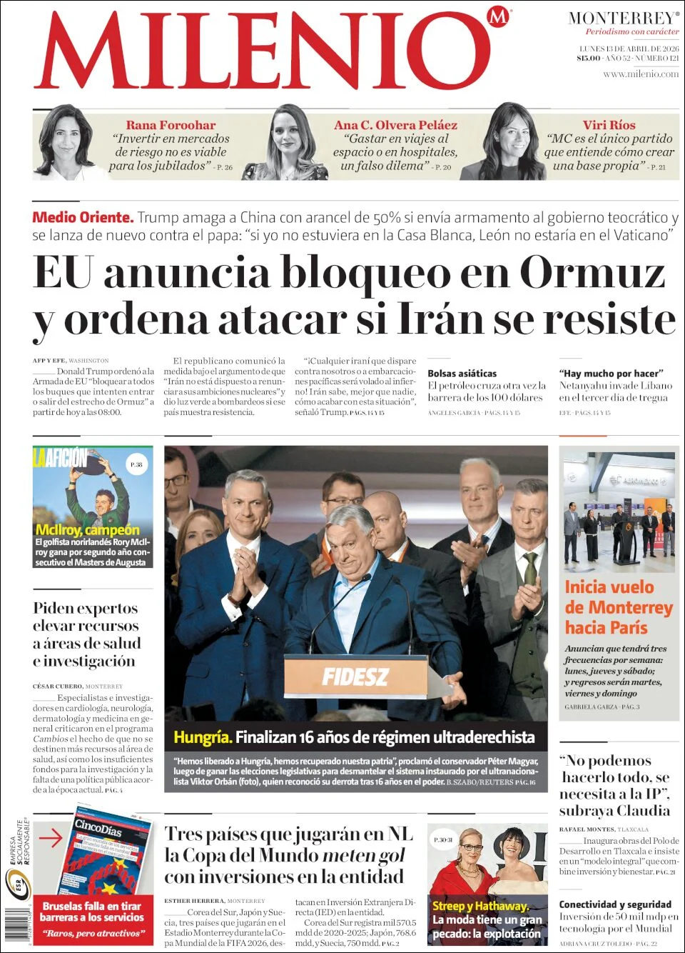 Portada de Milenio Edo de Mexico del lunes, 13 de abril de 2026