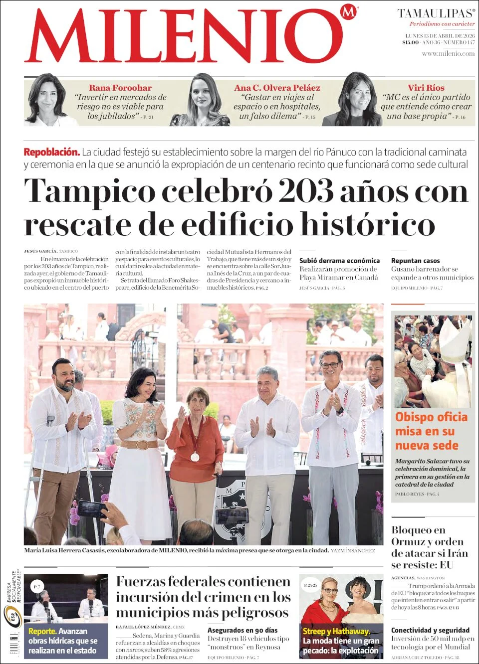 Portada de Milenio Tamaulipas del lunes, 13 de abril de 2026