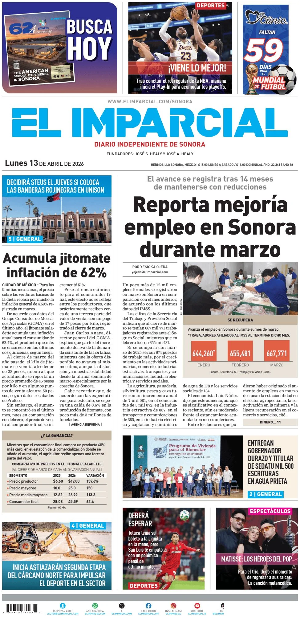 Portada de El Imparcial del lunes, 13 de abril de 2026
