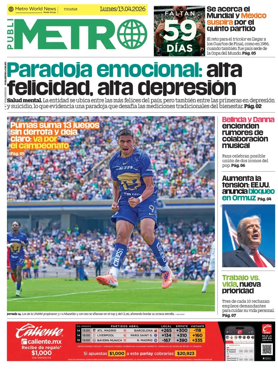 Portada de Publimetro Merida del lunes, 13 de abril de 2026