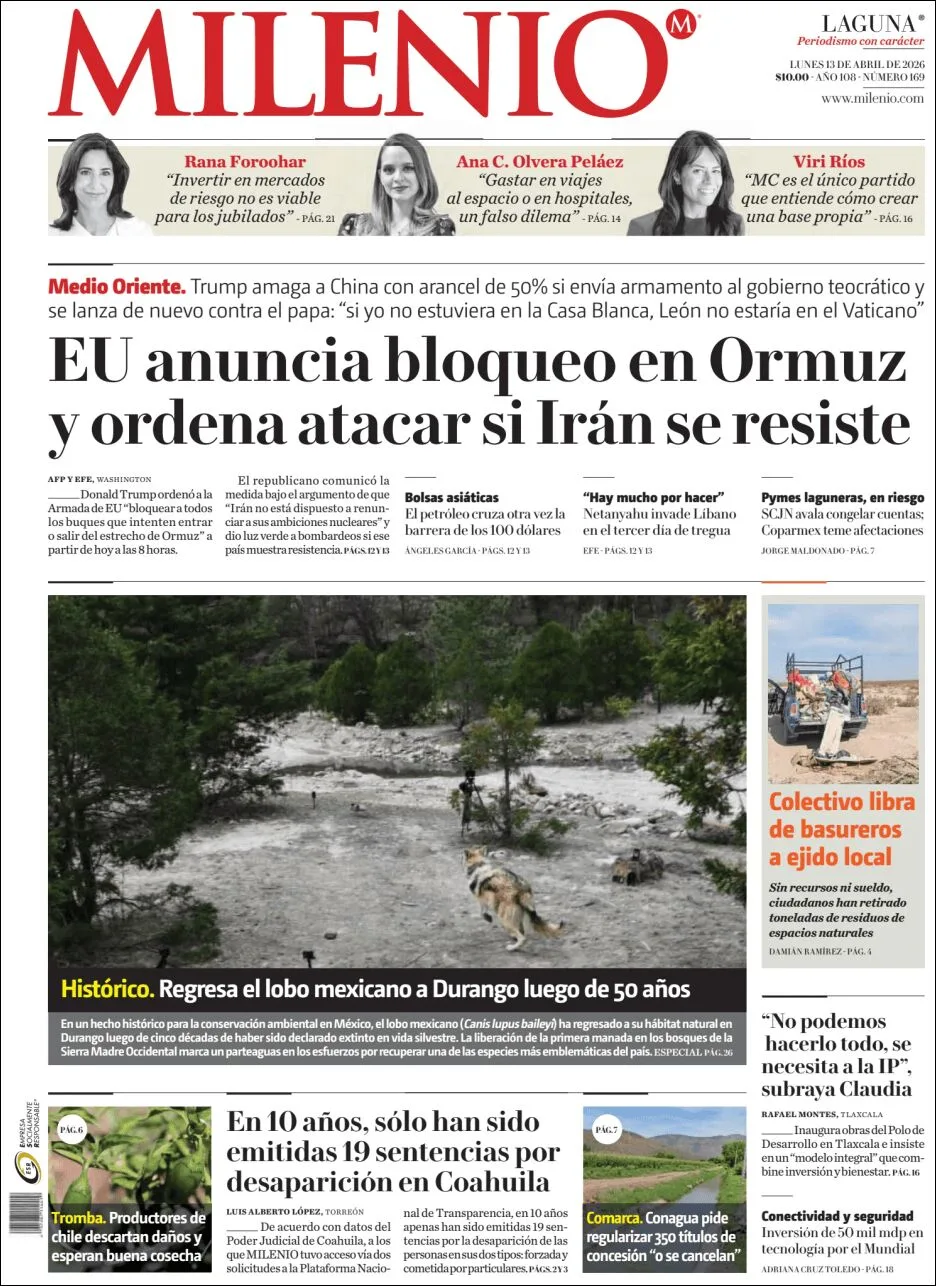 Portada de Milenio Laguna del lunes, 13 de abril de 2026